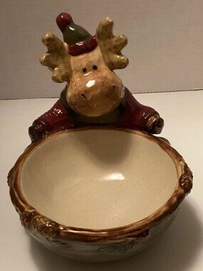 St Nicholas Square Heartland Christmas Moose Candy Nuts Treat Dip Stoneware Bowl